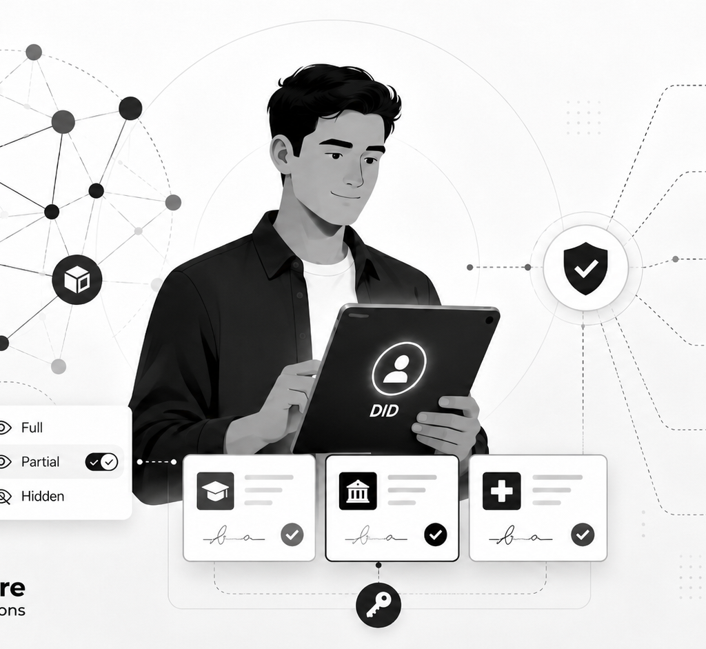 Person using a decentralized identity wallet connected to verified credentials and trusted organisations.