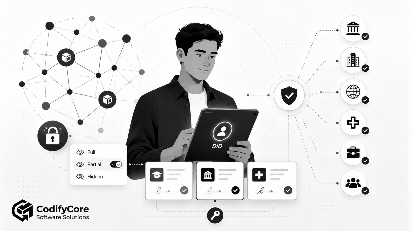 Person using a decentralized identity wallet connected to verified credentials and trusted organisations.