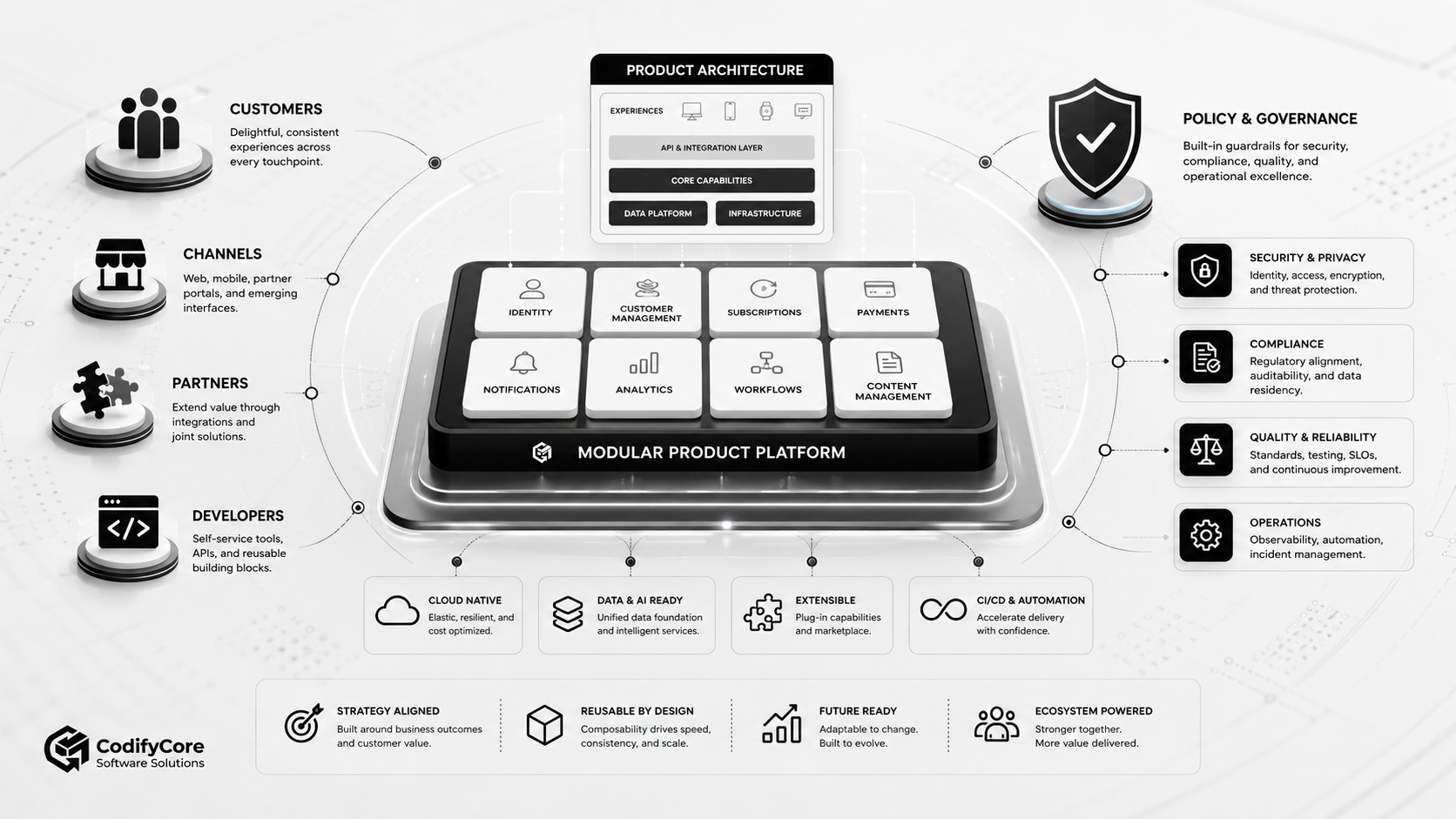 Modular product platform built around reusable capabilities, policy controls, customers, partners and digital channels.