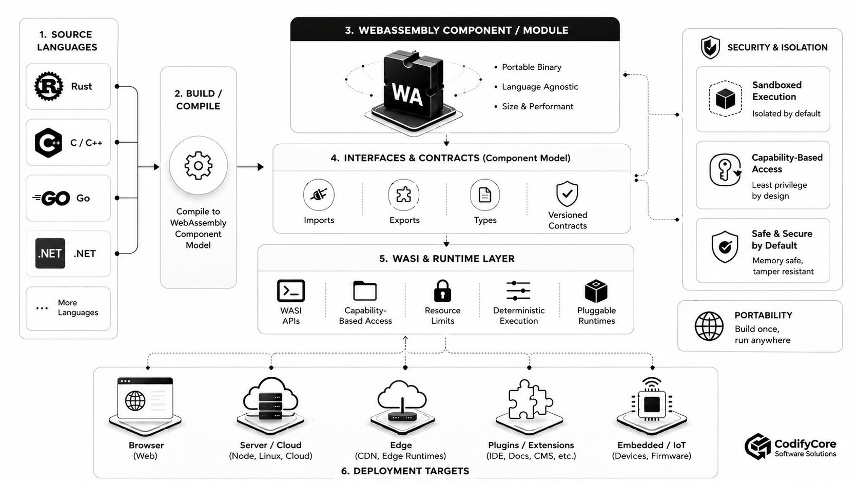 WebAssembly architecture from source languages and component interfaces through WASI runtimes to browser, cloud, edge, plugin and embedded targets.