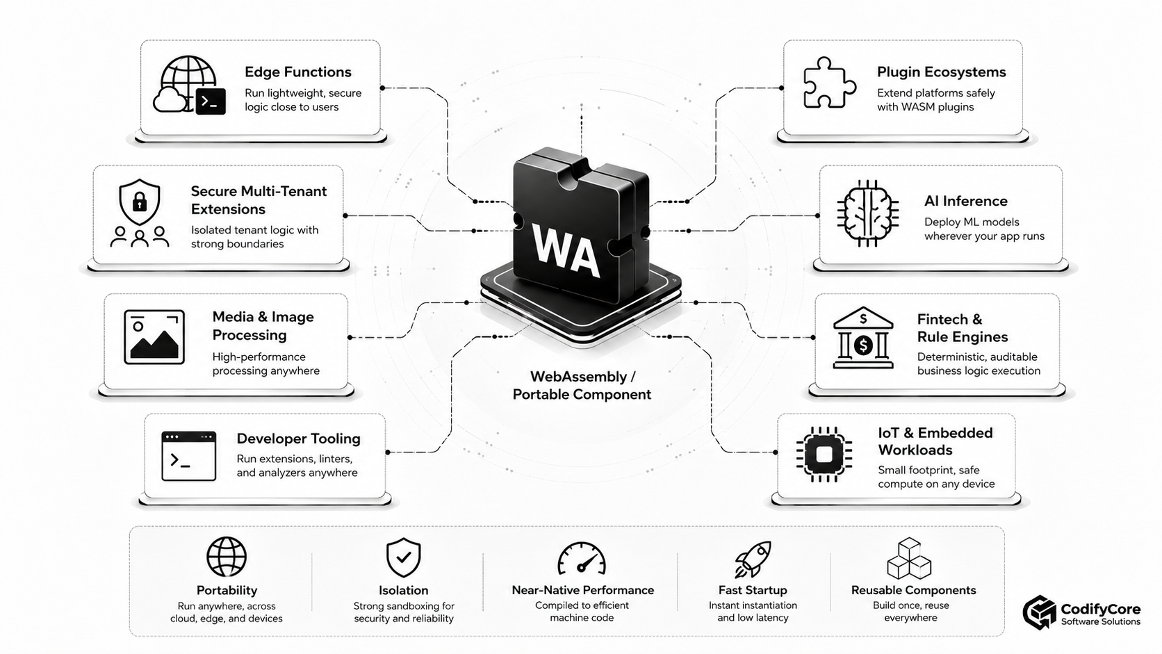 WebAssembly use cases across edge functions, plugins, AI inference, fintech, media processing, developer tools and embedded systems.